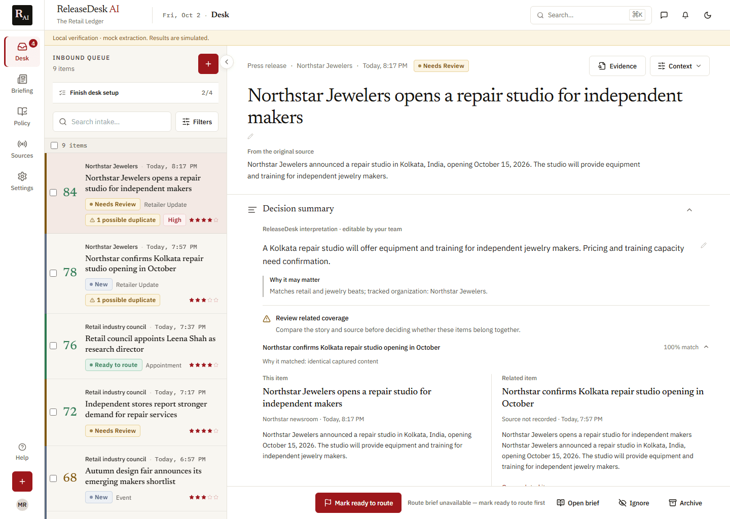 Example ReleaseDesk workspace showing fictional incoming material, its original source, and the editor's review and routing controls